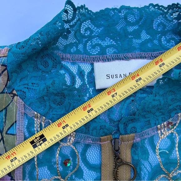 Susan Bristol Sheer Lace Sequin Turquoise Pink Front Zipper Blazer Jacket Blouse - Picture 6 of 9